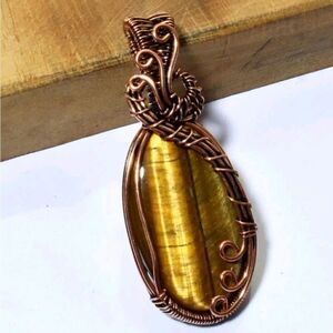 Large! Tiger Eye Ethnic Handmade Copper Wire Wrapped Pendant 2.34"